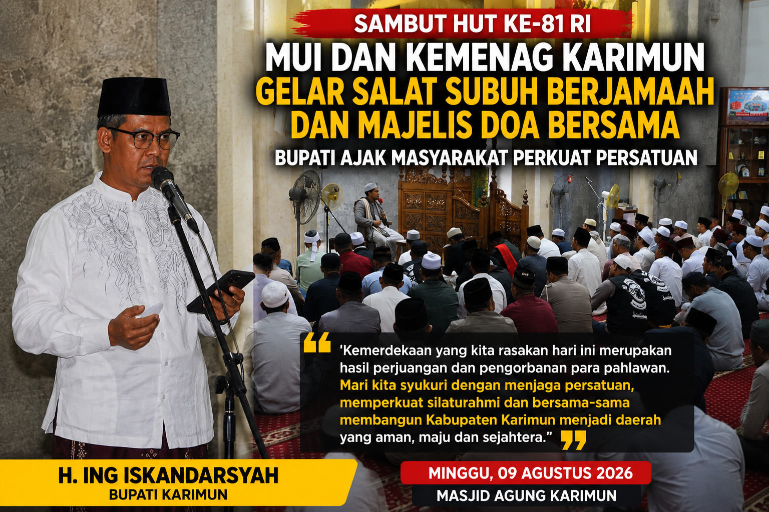 Sambut HUT ke-81 RI, MUI dan Kemenag Tanjungbalai Karimun Gelar Salat Subuh Berjamaah dan Majelis Doa Bersama, Bupati Hadir