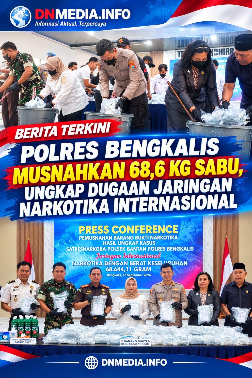 Polres Bengkalis Musnahkan 68,6 Kg Sabu, Ungkap Dugaan Jaringan Narkotika Internasional