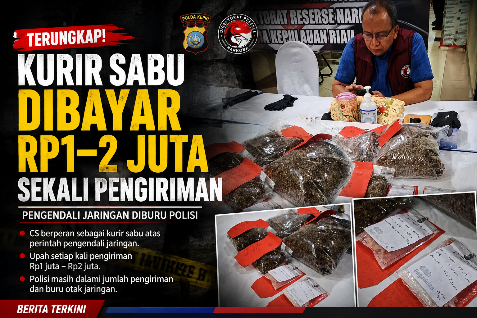 Kurir Sabu Dibayar Rp1–2 Juta Sekali Pengiriman, Pengendali Jaringan Diburu Polisi