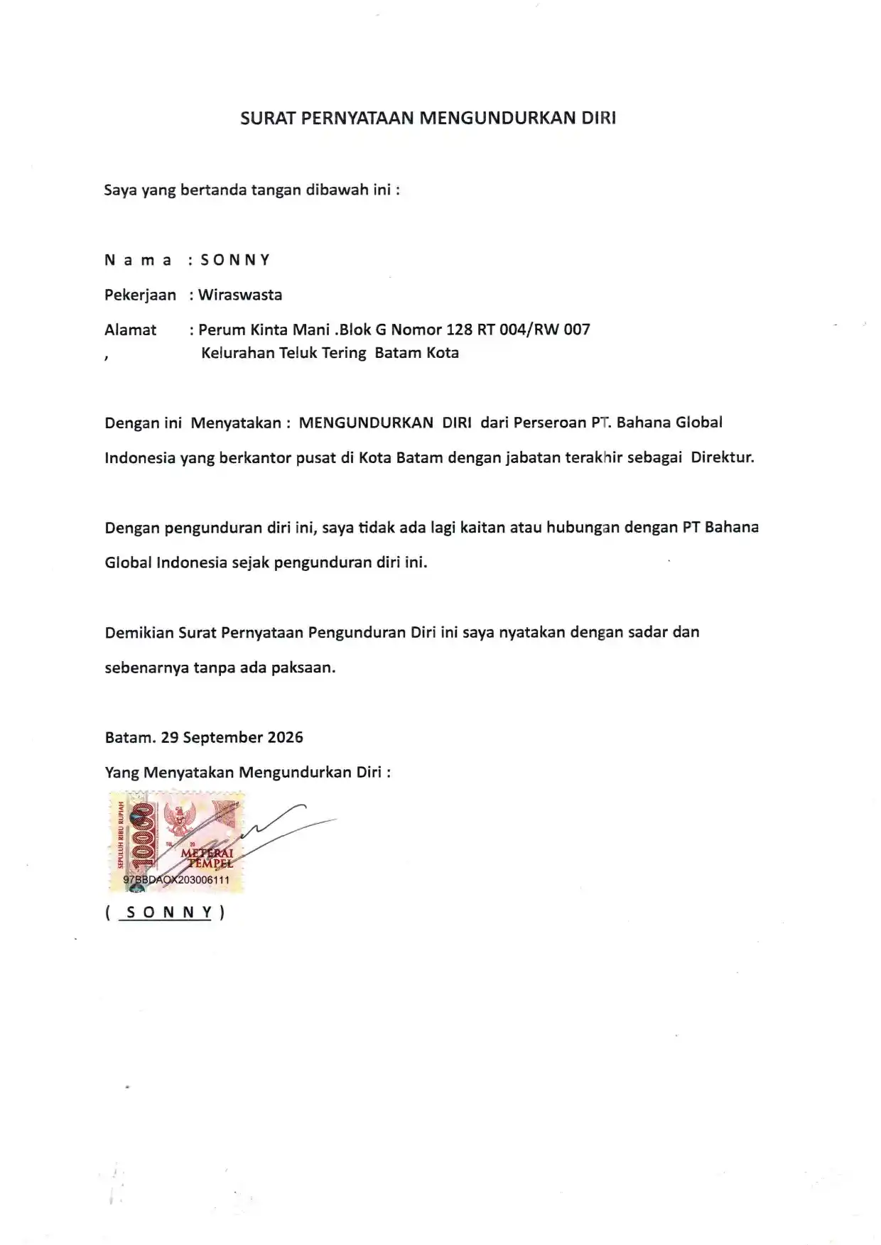Sonny Resmi Mengundurkan Diri dari Jabatan Direktur PT Bahana Global Indonesia